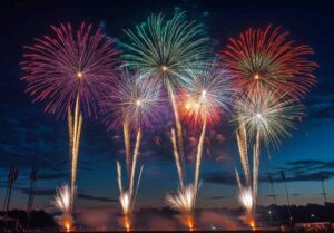 Multiple fireworks of different colors going off simultaneously, lighting up the night with vivid patterns