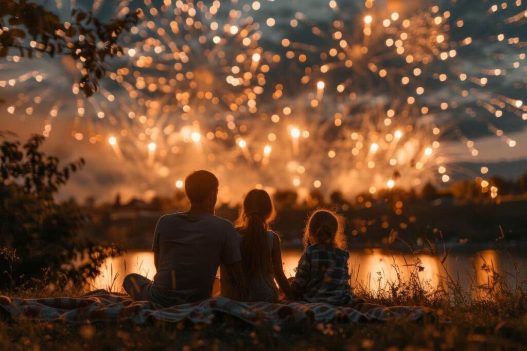 A family sitting on a blanket, watching fireworks light up the night sky on the Fourth of July