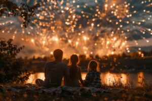 A family sitting on a blanket, watching fireworks light up the night sky on the Fourth of July