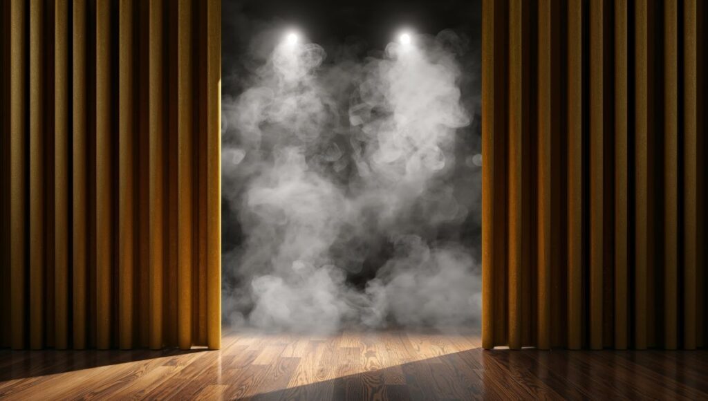 Ocher Curtains Stage Lights and Simulated Vapor Polished Wood Floor Reflections