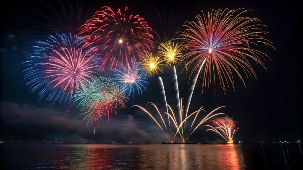 Spectacular Fireworks Display Over Calm Water at Night holiday