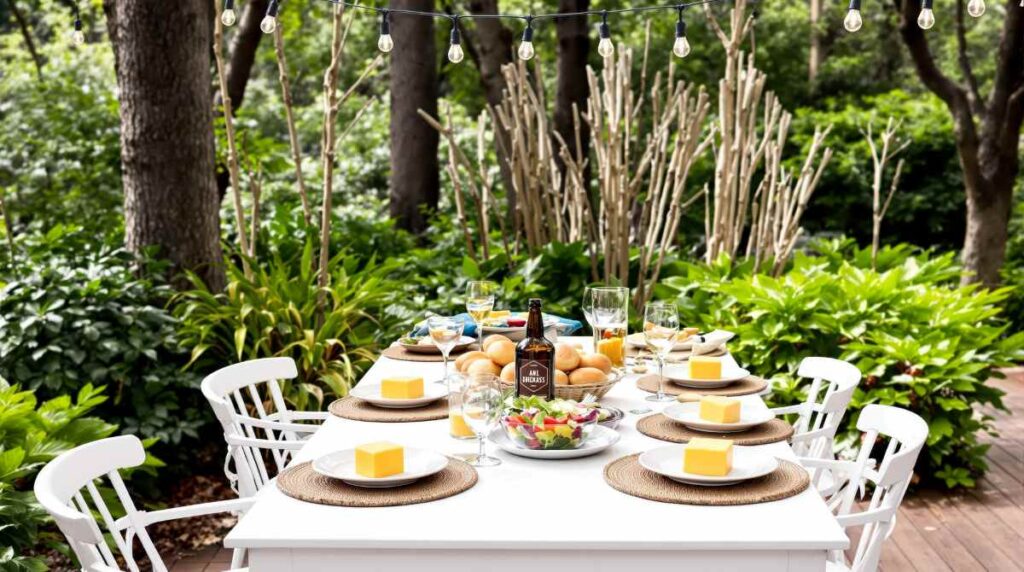 An inviting backyard spread featuring a long white table, garden feast, and patio banquet setup