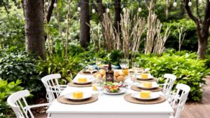 An inviting backyard spread featuring a long white table, garden feast, and patio banquet setup